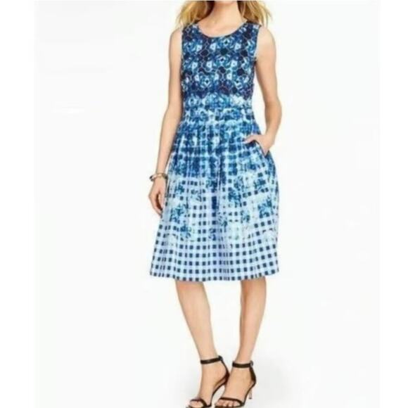 Talbots Blue Floral Ombre Gingham Plaid Printed Fit and Flare Pleated Dress 8 - Picture 1 of 8